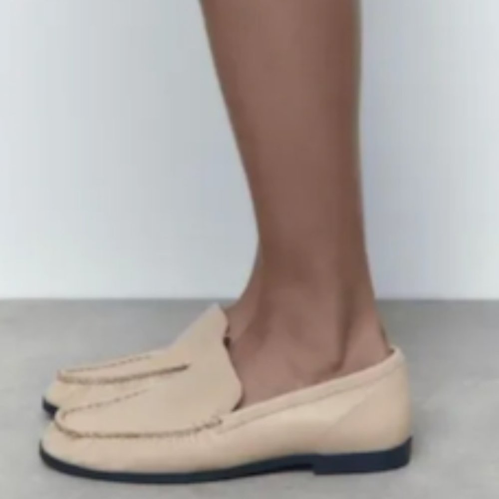 Women's Zara Flat Leather Loafers Off-White Cream Mocassin Flats Size 38